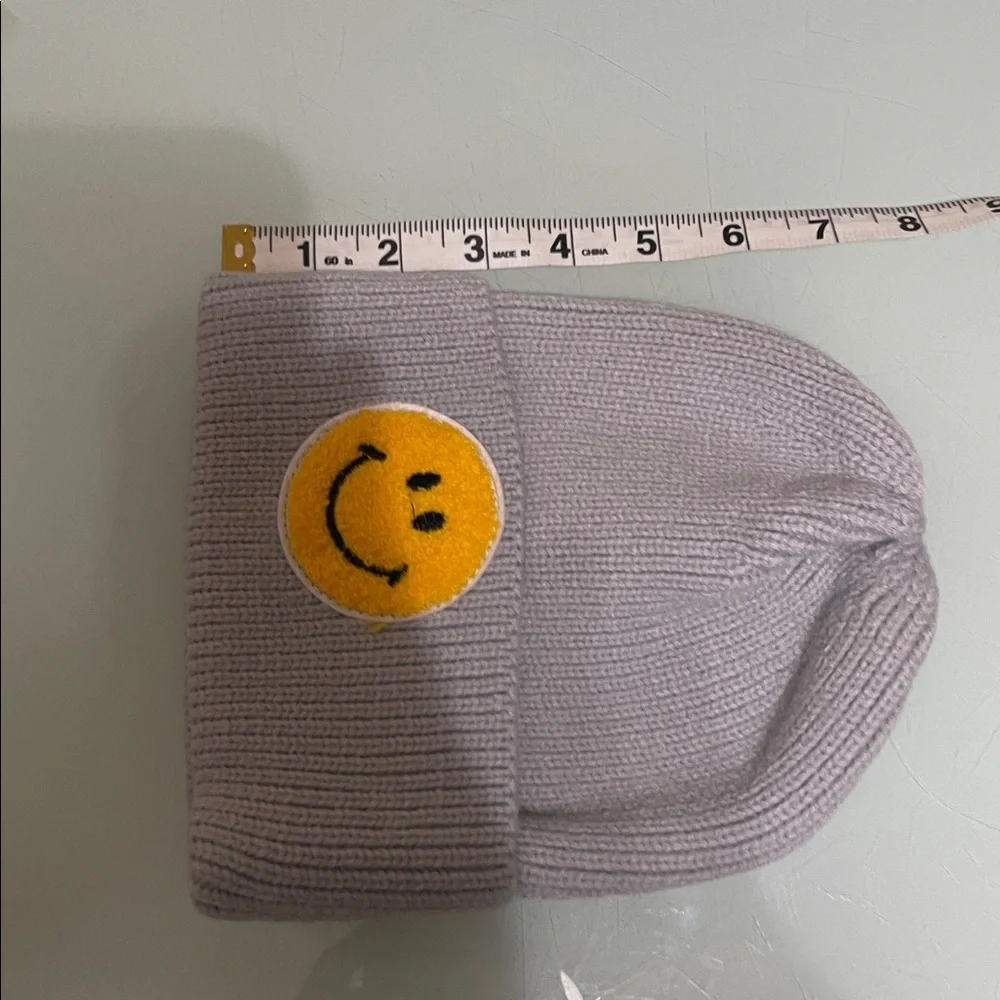 Gray Kids Beanie with Yellow Smiley Patch